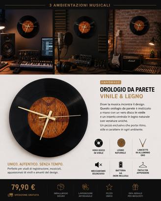 orologio da parete legno e vinile 30 cm