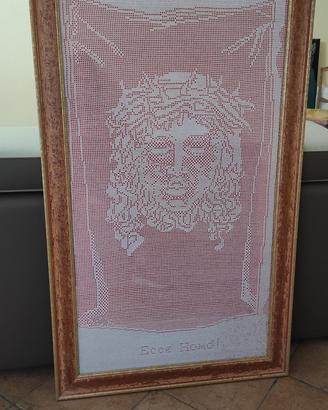 Quadro artigianale Gesù uncinetto filet