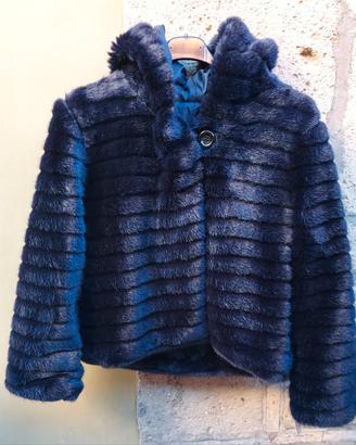 Pelliccia con cappuccio, blu, nuova, tg S