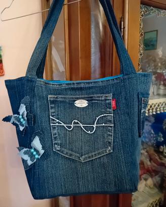borsa in jeans fatta a mano foderata con tasca 