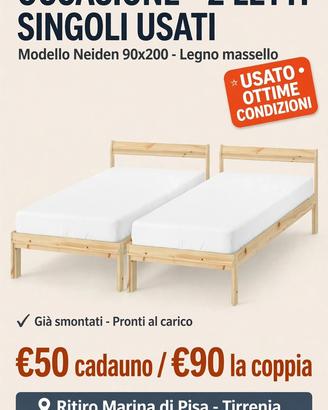 2 Letti Singoli Ikea Neiden 90x200 Legno Massello