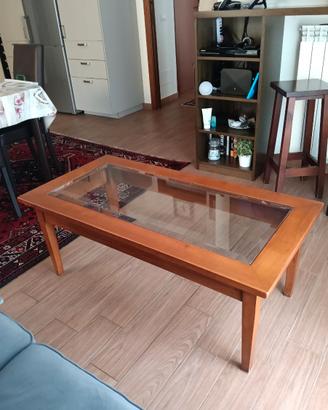 Tavolino salotto in noce chiaro e piano in vetro