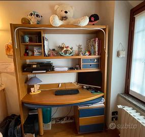 Libreria + Scrivania in legno con penisola