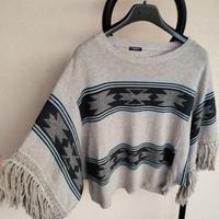 Poncho Maglione con Frange Motivi Taglia Unica
