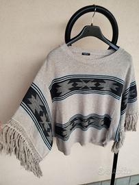 Poncho Maglione con Frange Motivi Taglia Unica