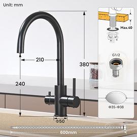 Rubinetto nero 3 vie adatto per filtro acqua NUOVO