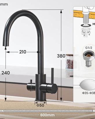 Rubinetto nero 3 vie adatto per filtro acqua NUOVO