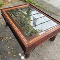 Tavolino massello con inserto in ferro antico