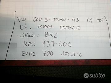 Motore completo vw golf 5-touran-a3 1.9 tdi e4