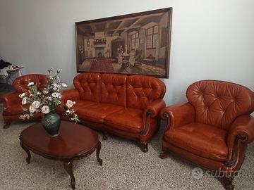 Divano vintage in pelle con due poltrone