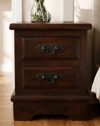 Comodino in Legno Massiccio Scuro con 2 Cassetti e