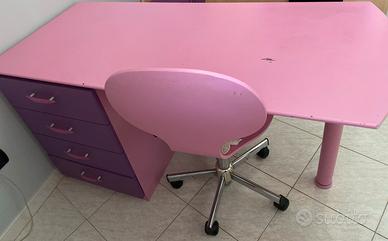 Scrivania con cassettiera + sedia coordinata rosa