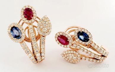 Orecchini lobo Oro Rosa Diamanti Rubino e Zaffiro