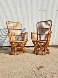 coppia poltroncine vimini bambù anni 60 e cuscini