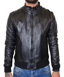 Giubbotto Uomo Bomber Vera Pelle Nero Giacca Slim