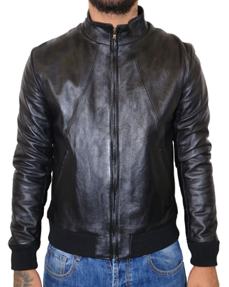 Giubbotto Uomo Bomber Vera Pelle Nero Giacca Slim