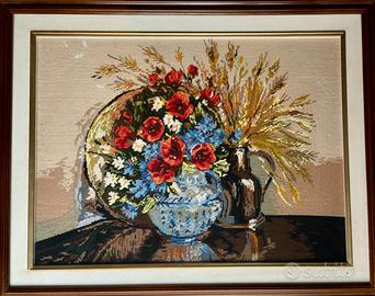 Grande quadro ricamato a mano cesto di fiori