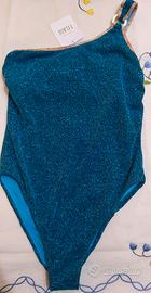 Costume intero 1 Classe monospalla azzurro lurex