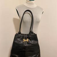 Borsa Tote Vera Pelle Nera Stampa Coccodrillo - Fi