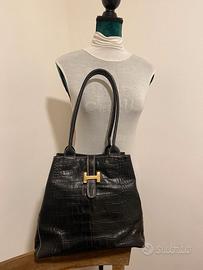 Borsa Tote Vera Pelle Nera Stampa Coccodrillo - Fi