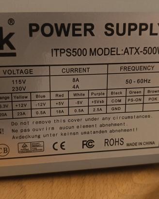 ALIMENTATORE per Case PC ITEK ATX 500W 20+4PIN