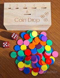 Coin Drop gioco in legno con 100 gettoni e 2 dadi