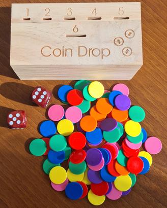 Coin Drop gioco in legno con 100 gettoni e 2 dadi