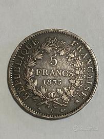 Moneta 5 Franchi Ercole 1875 A Francia Argento 900