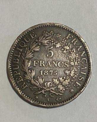 Moneta 5 Franchi Ercole 1875 A Francia Argento 900