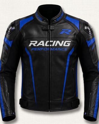 Giubbino Moto Pelle Nero/Blu con protezioni