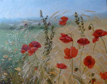Dipinto olio su tela paesaggio papaveri 50 x 40 cm