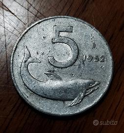 Moneta 5 lire italiane anno 1952