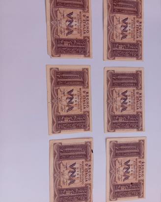 Lotto 6 banconote 1 Lira 1939 Regno d'Italia