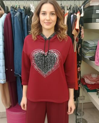 Felpa con Cappuccio Bordo e Fantasia Cuore Glitter