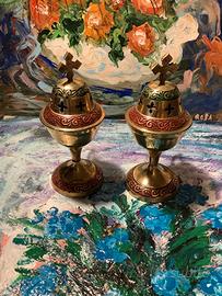 Coppia Lumini smaltati Ceruti Firenze Arte Sacra