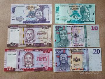 Set collezione 6 banconote Liberia Eswatini Malawi