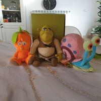 3 peluches shrek, arancio e lumaca 