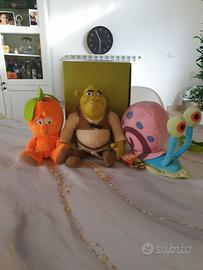 3 peluches shrek, arancio e lumaca 