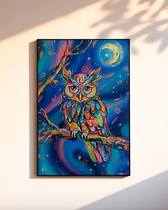 Quadro moderno dipinto a mano con gufo colorato