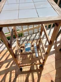 Carrellino frutta in legno, piano con mattonelle