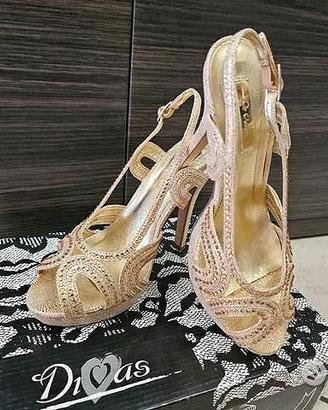 Scarpe sera donna decollete gold oro tacco 12