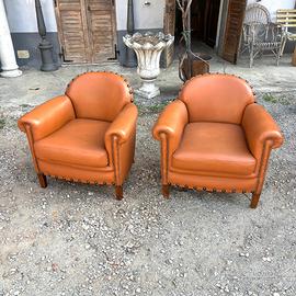 Coppia di poltrone vintage in pelle color cognac