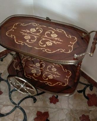 Carrello bar vintage in legno intarsiato
