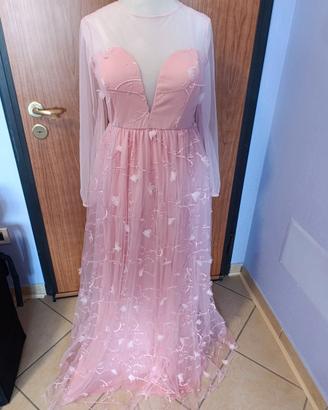 Vestito da cerimonia,lungo, rosa, in tulle