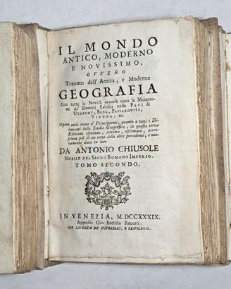 Libro Antico 1739 Trattato Geografia Chiusole 3 v.