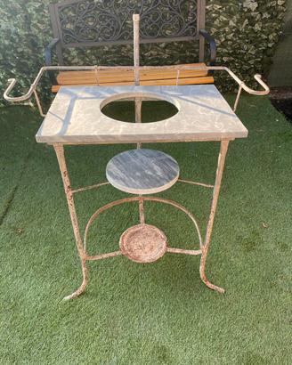 Lavabo/portacatino in ferro con piano in marmo