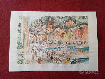 Michele Cascella Portofino litografia 30 x 20