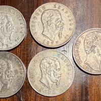 monete da 5 lire anni 1871, 1873, 1875, 1877, 1879
