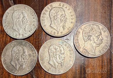 monete da 5 lire anni 1871, 1873, 1875, 1877, 1879