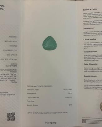 Smeraldo Zambia 2.43 ct + Acquamarina 5.59 ct IGI 